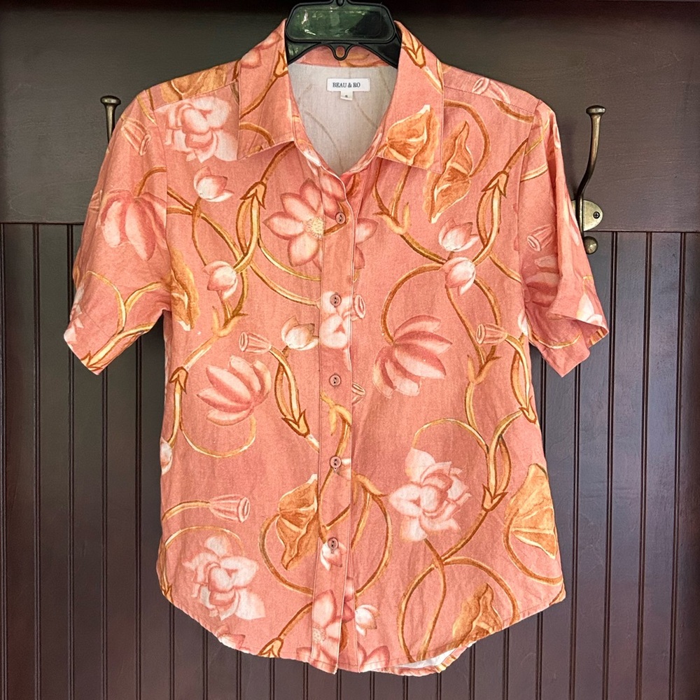 BEAU & RO Hand Printed Botanical Cabana Shirt Artisan Resort Indie Boho Beach S - Picture 3 of 11